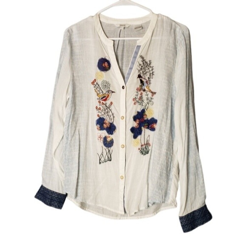 Desigual Boho Embroidered Sequin Birds Long Sleeve Collarless Shirt Size L